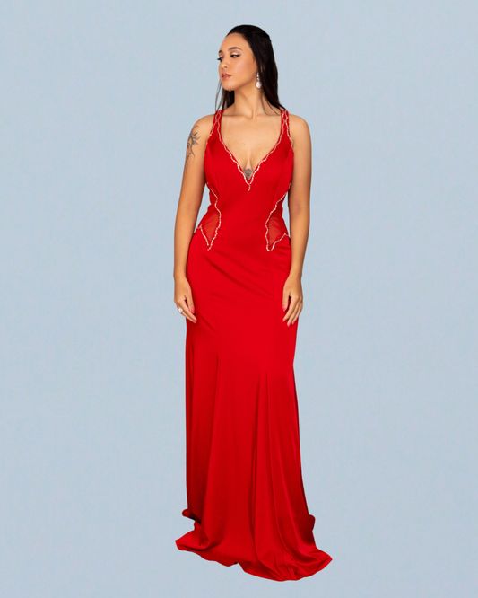 Vestido longo Vermelho com decote e detalhes em strass