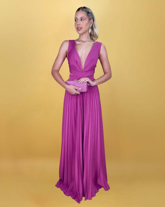 Vestido longo plissado fúcsia