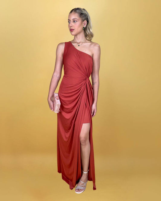 Vestido longo terracota com fenda