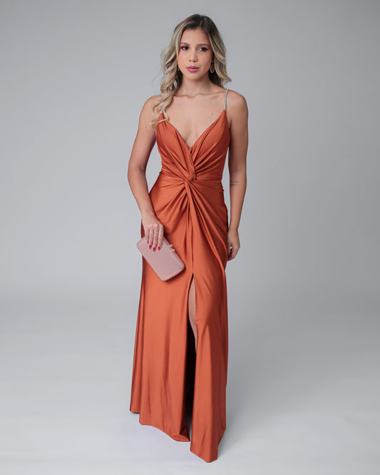 Vestido longo decote V com fenda terracota