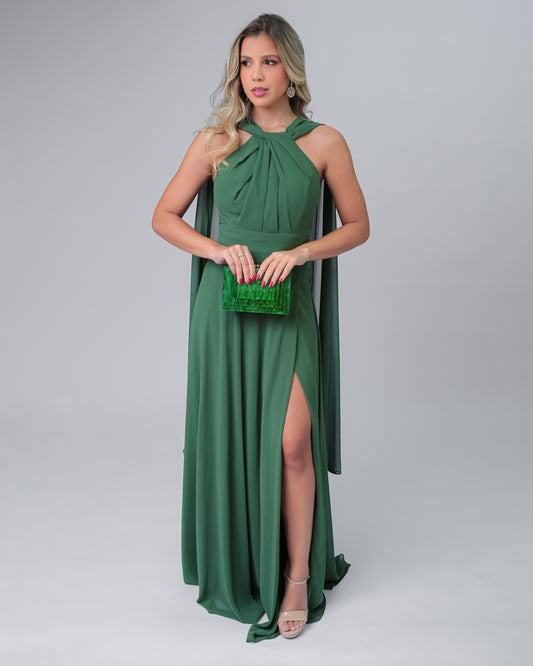 Vestido longo fluido verde com mangas